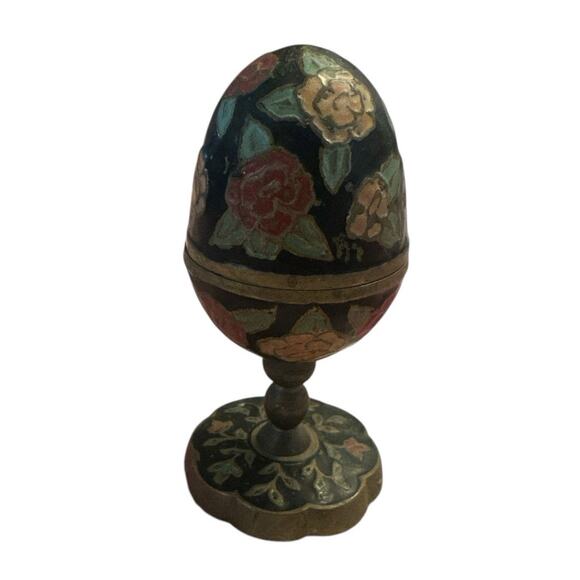 Antique Cloissonne Egg Enamel Floral Case Trinket Box Container Jar Brass Metal